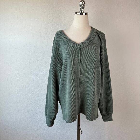 Aerie Oversized V-Neck Sweatshirt size Medium Green Ribbed - Picture 2 of 9